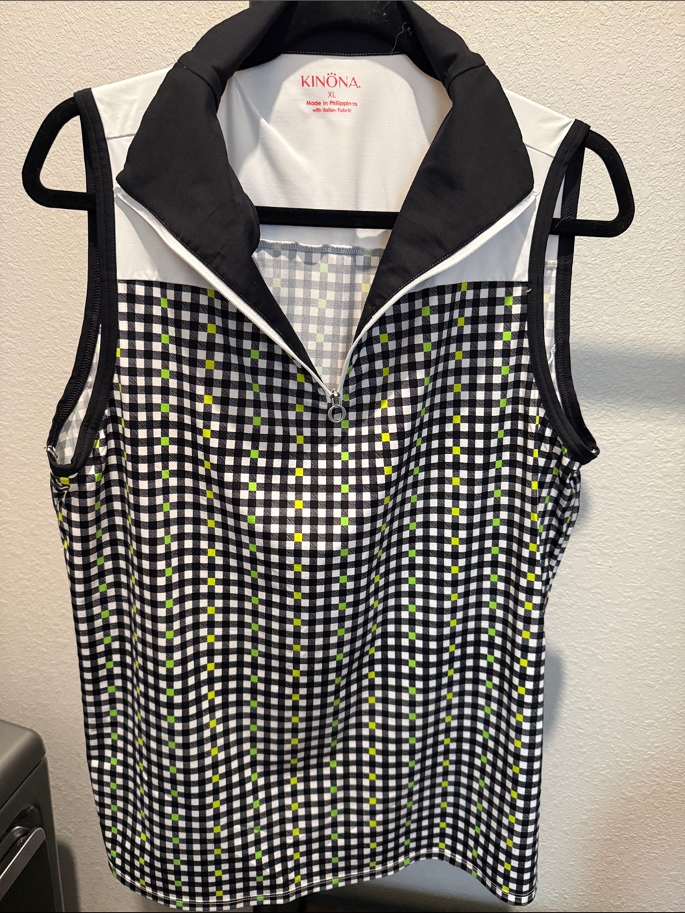 Kinona Black & White Gingham Sleeveless Golf Top with Neon Yellow Accents